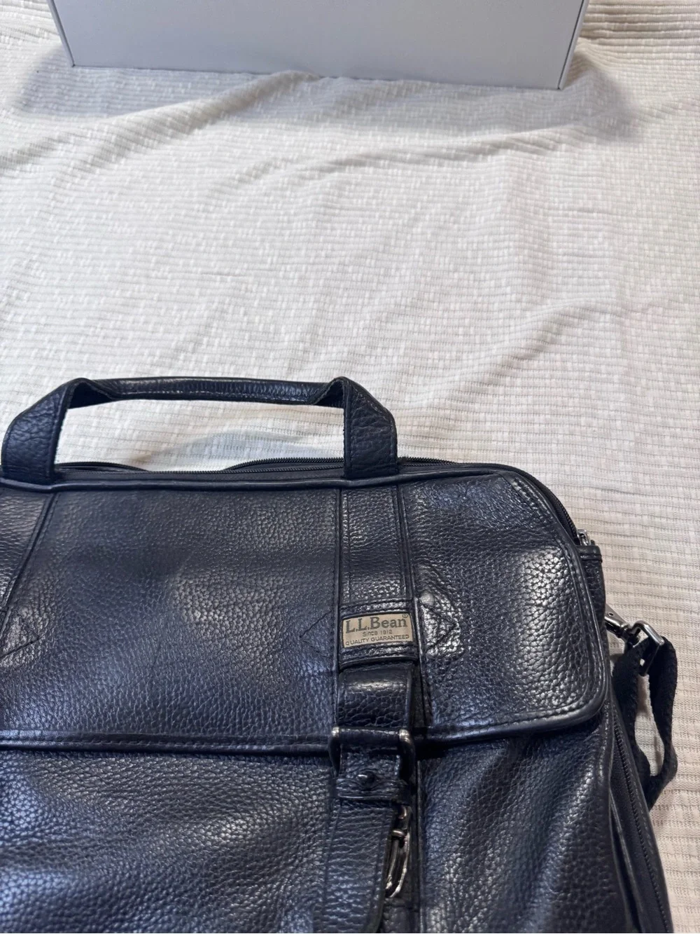 Vintage LL Bean Black Pebbled Leather Laptop Briefcase Messenger Bag Expandable